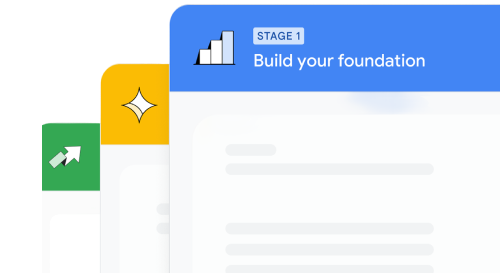 Blue banner over blank text page with "Stage 1 Build your foundation" written on it. A yellow and green banner over blank text sit behind.