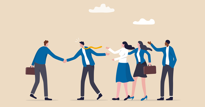 cartoon men and women shaking hands