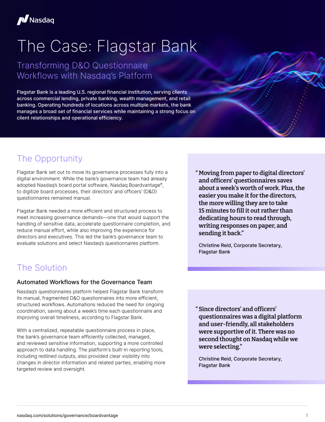 case study that describes how Flagstar Bank digitized D&O questionnaires with Nasdaq Boardvantage software.