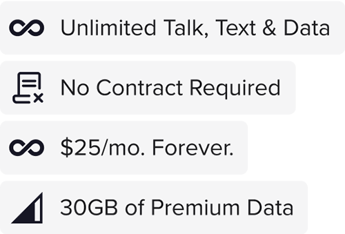 Gray background image with white text and icons listing features of a phone plan: Unlimited Talk, Text & Data, No Contract Required, $25/mo. Forever, and 30GB of Premium Data.