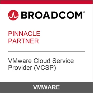 Official Broadcom Pinnacle Partner certification graphic for a VMware Cloud Service Provider, labeled VCSP.