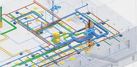 Ein digitaler Bauplan, der die verschiedenen mechanischen, elektrischen und sanitären Anlagen eines Gewerbe- oder Industriegebäudes darstellt.