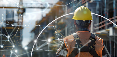 Bouwbakker loopt op projectlocatie met AI concept