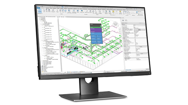 Interface van Stabicad for Revit met een gedetailleerd, installatietechnisch 3D-model in een BIM-omgeving.