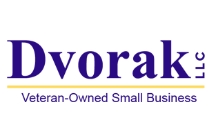 Dvorak LLC abstract logo design featuring purple and yellow elements.
