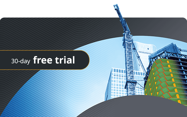 A construction site banner with a high-rise building and crane, featuring a 30-day free trial call to action for Tekla software.