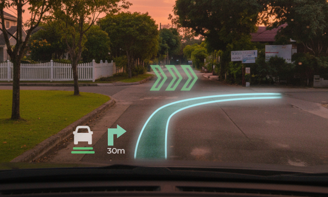 A car's heads-up display showing a right turn in 30 meters, overlaid on a street scene with trees and houses at sunset.