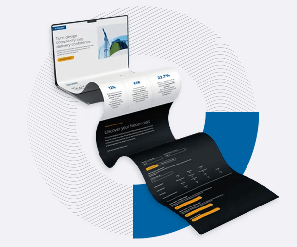 A 3D mockup of a scrolling website landing page showcasing Tekla software features and an "Uncover your hidden costs" calculator section.