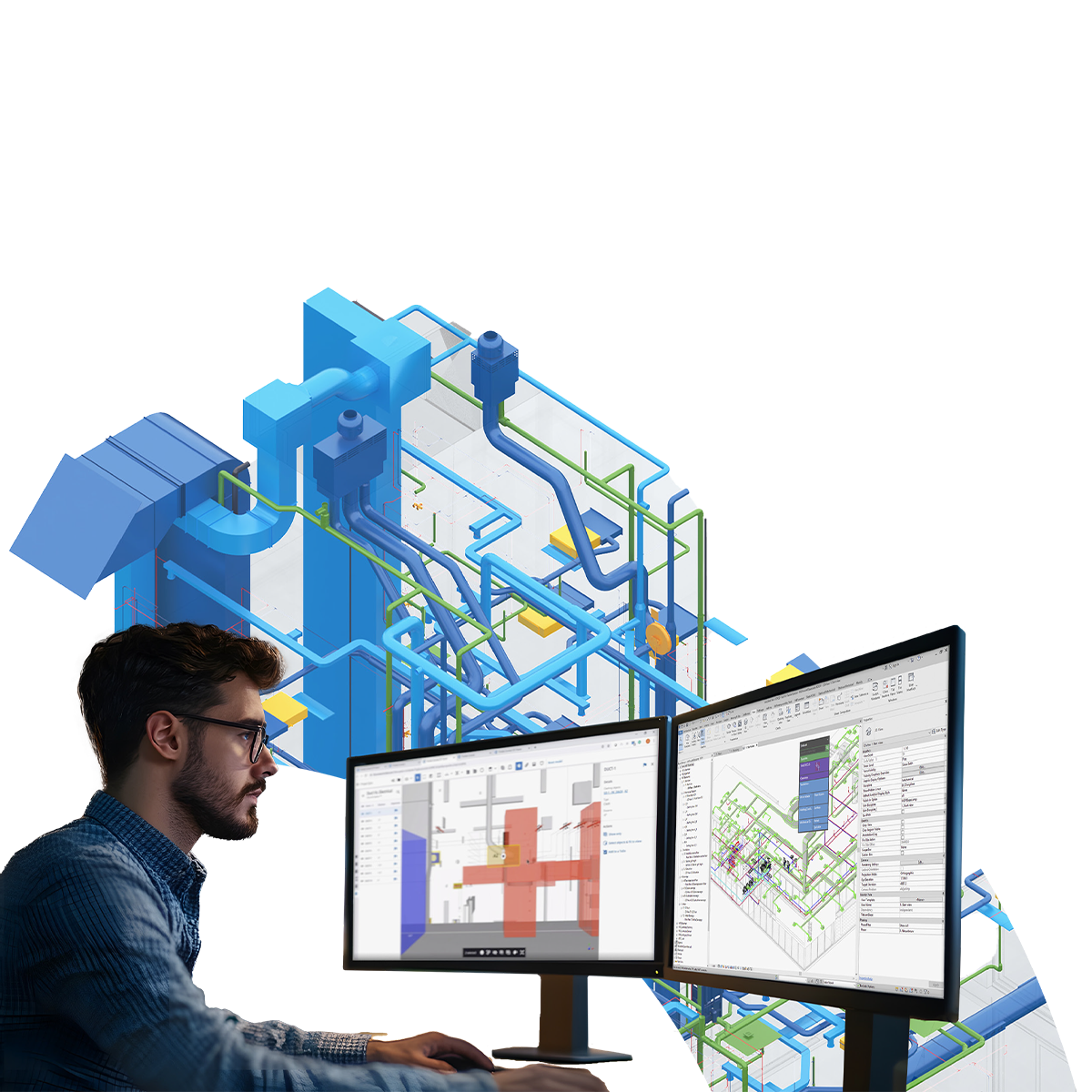 TGA-Fachplaner sitzt vor zwei Bildschirmen und plant mit der Trimble Nova