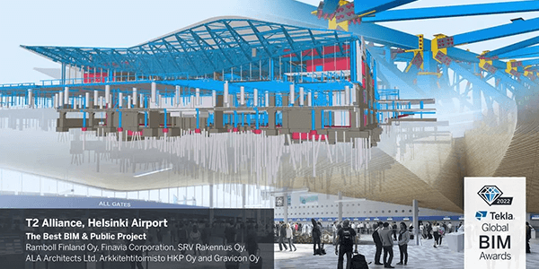 A 3D BIM architectural model of the Helsinki Airport T2 Alliance project, winner of the 2022 Tekla Global BIM Award for Best BIM & Public Project.