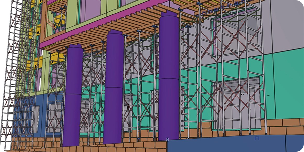 Detailed Tekla Structures model showing scaffolding and structural supports with purple columns.