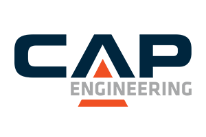CAP Engineering logo, showcasing a modern design with blue, orange, and grey text.
