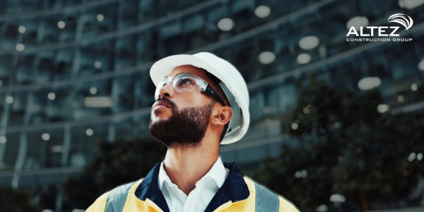 Projectleider kijkt in de verte met high vis en witte hard hat
