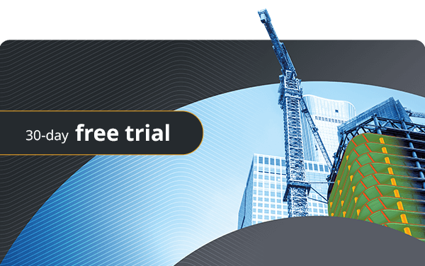 A construction site banner with a high-rise building and crane, featuring a 30-day free trial call to action for Tekla software.