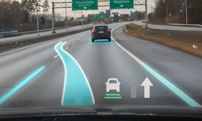 View from a car windshield on a multi-lane highway, featuring a heads-up display with bright blue projected lane markings and icons indicating a car ahead and system status.