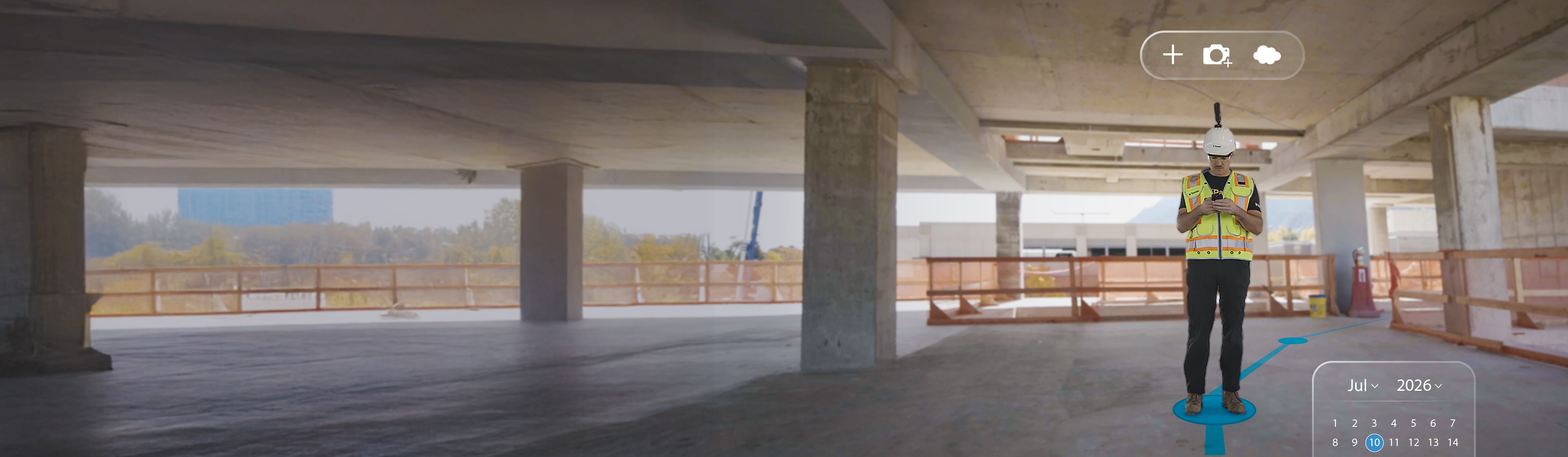 A construction worker in a high-visibility vest wearing a 360-degree camera walks through a construction site.