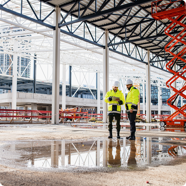 Two men in construction gear look at a tablet on site.