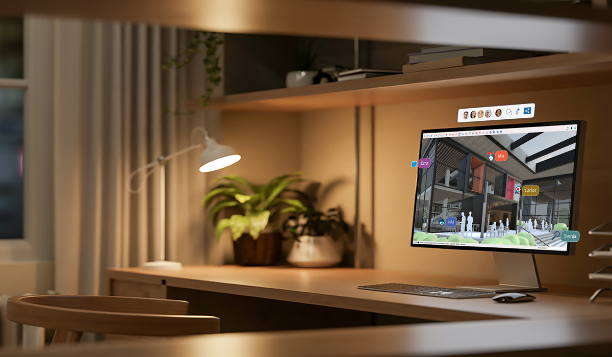 SketchUp 3D render on desktop computer screen, sitting on a softly lit desk below shelves, all lit by a white gooseneck lamp. Plants are in the corner.