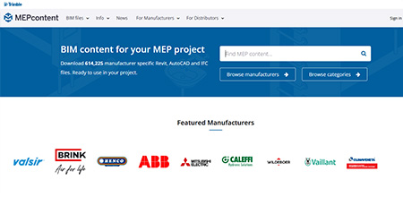 MEPcontent website homepage displaying BIM content for MEP projects and featured manufacturer logos.