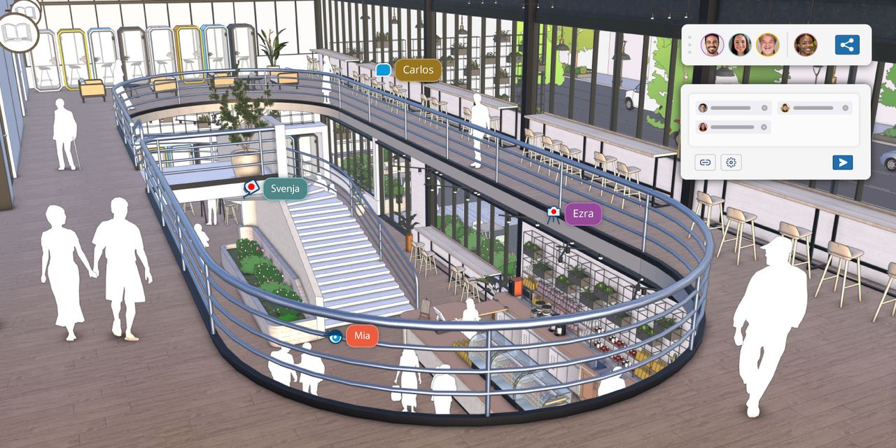 nterior view of building from second story overlooking a cafe and showing SketchUp collaboration tools.