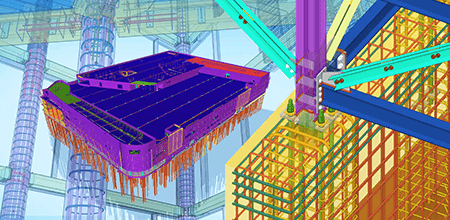 3D-Modell mit einem violetten Fundament mit Pfählen, einer Nahaufnahme von Stahlträgern und -stützen sowie Bewehrung.