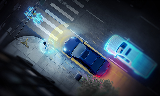 Aerial view of a blue car using advanced driver-assistance systems to detect a pedestrian and a wireframe traffic light at a crosswalk.