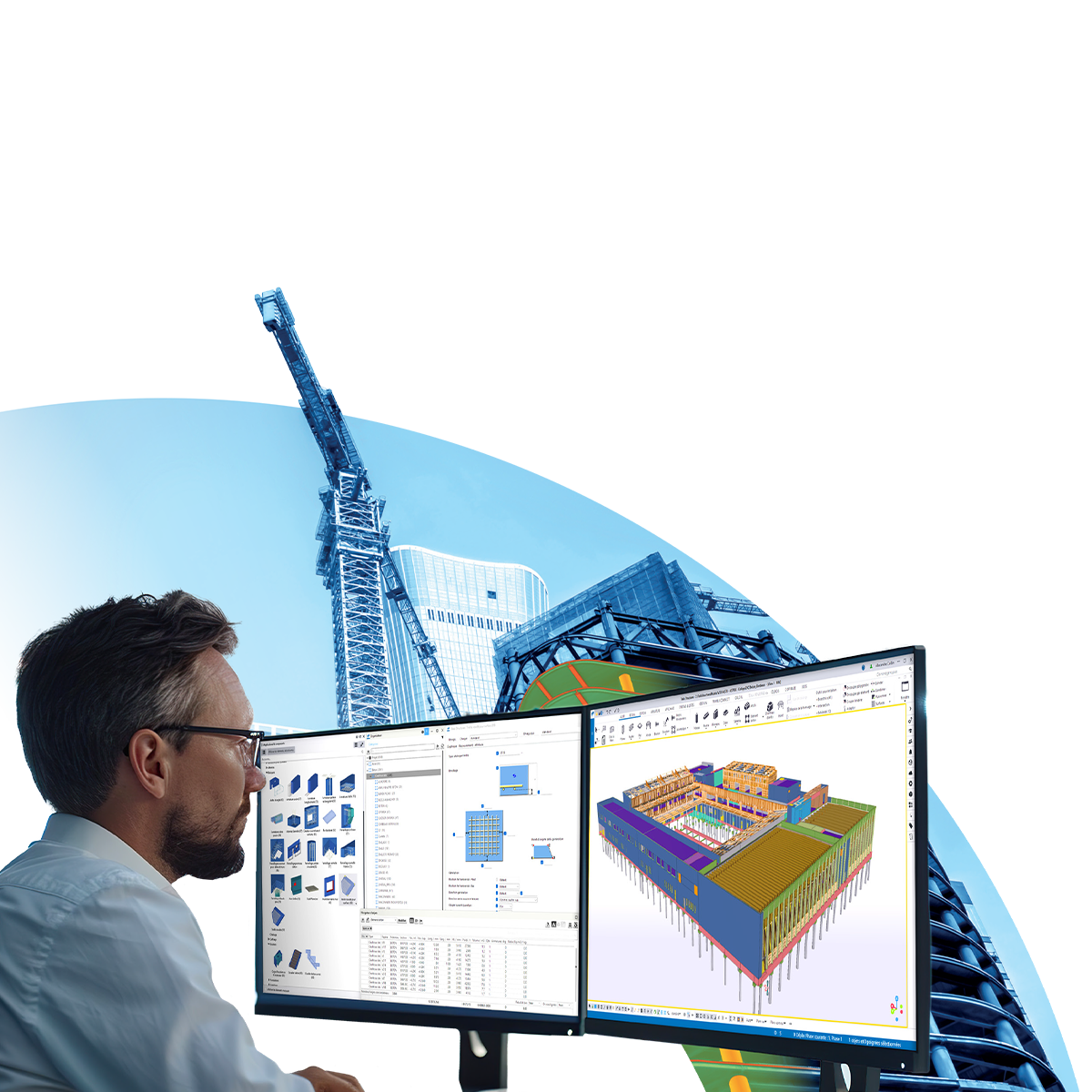 Konstrukteur sitzt vor zwei Bildschirmen und plant mit Tekla Structures