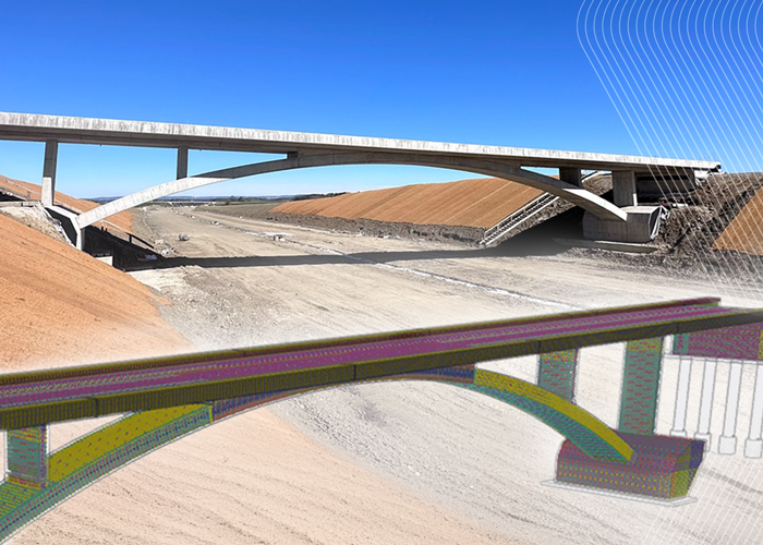 Bogenbrücke in Massivbauweise: Im Bau und als Tekla-3D-Modell