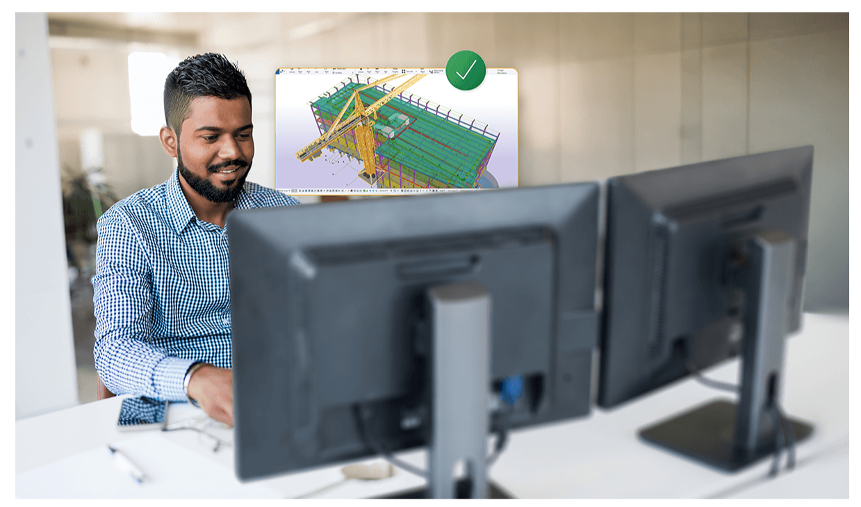 A smiling engineer at a computer with a floating Tekla interface showing a detailed 3D BIM structural model and a green checkmark icon.