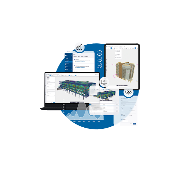 Trimble Connect weergegeven op een laptopscherm, met een gedetailleerd 3D-model van een gebouw naast diverse datavisualisaties en grafieken. De interface heeft een strak, modern ontwerp met een blauw-wit kleurenschema, dat de nadruk legt op samenwerking en projectmanagement in de bouw.