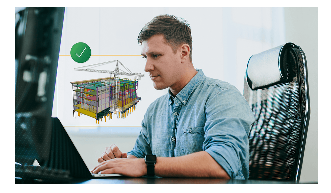A professional using a laptop with an overlay showing a completed Tekla 3D BIM model and a green checkmark.