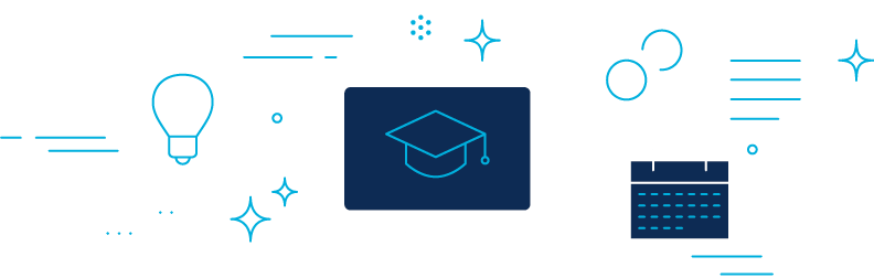 Several interconnected icons, including speech bubbles, lightbulb, grad cap, gears, and calendar.