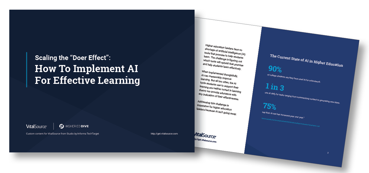 VitalSource and Higher Ed Dive graphic announcing “Scaling the Doer Effect”: How To Implement AI For Effective Learning.
