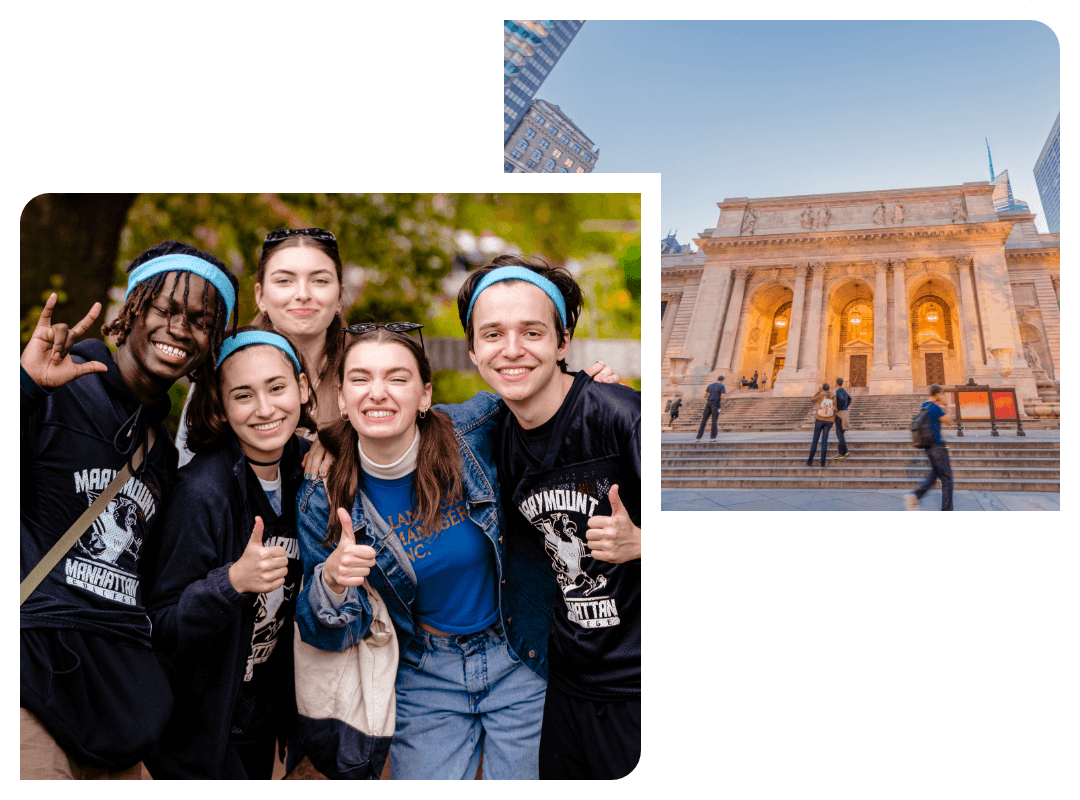 Left image: Group of MMC students giving a thumbs up. Right side image: people walking in front of museum.