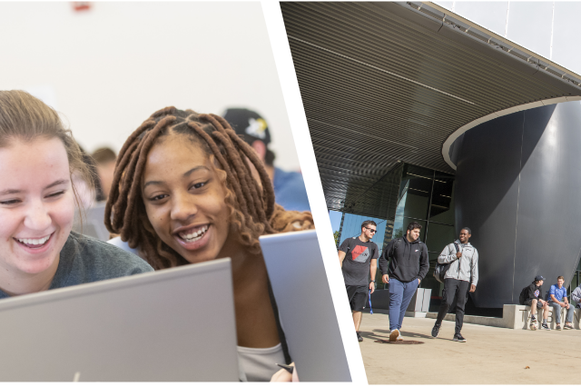 Left photo: students on laptops. Right photo: students walking across campus.