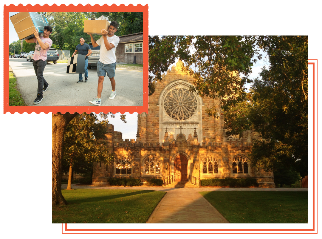 Collage of students working together and students listening to a professor