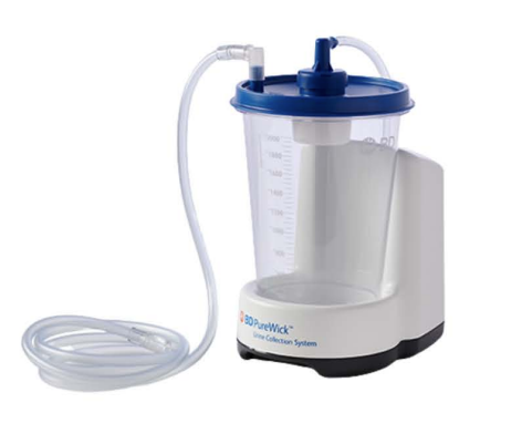 Image of the BD PureWick® Urine Collection System stationary unit and clear collector tubing