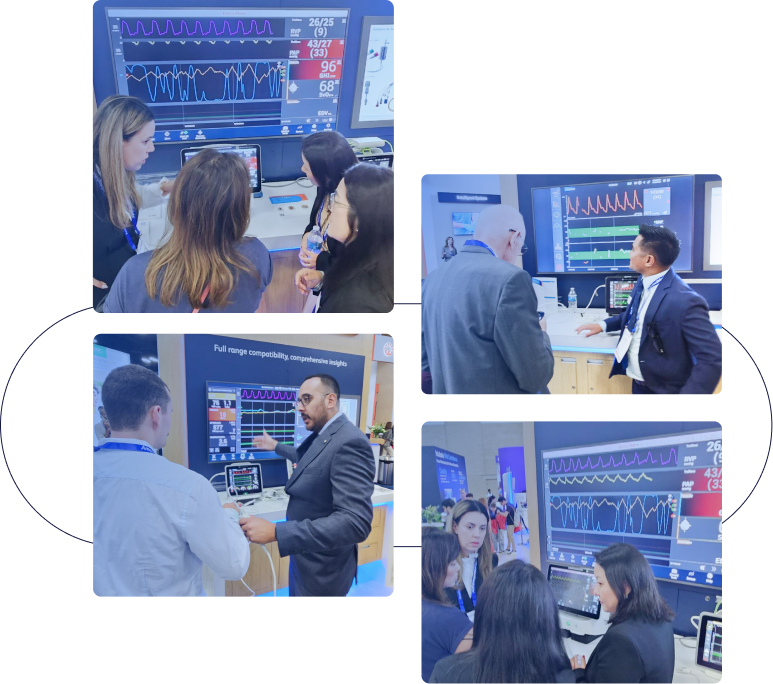 Collage of healthcare professionals viewing patient-monitoring dashboards and discussing medical technology at a trade show.