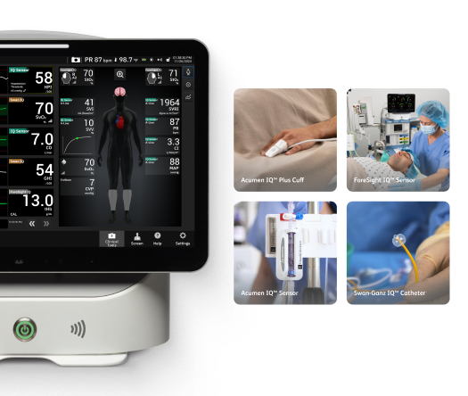 HemoSphere Alta Monitor with 4 boxes showing Acumen IQ Plus Cuff, ForeSight IQ Sensor, Acumen IQ Sensor and Swan-Ganz Sensor in clinical settings.