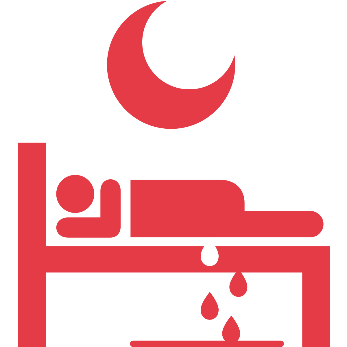 Red icon of a person in bed suffering from urinary incontinence.