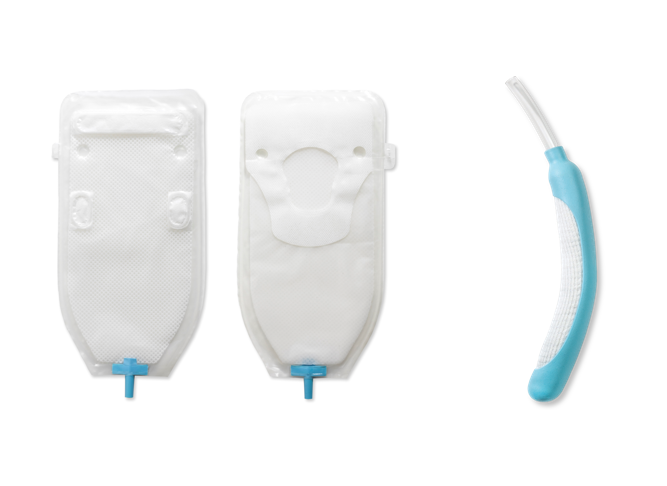 Image of the BD PureWick® Male External Catheter (front and back) and PureWick® Female External Catheter