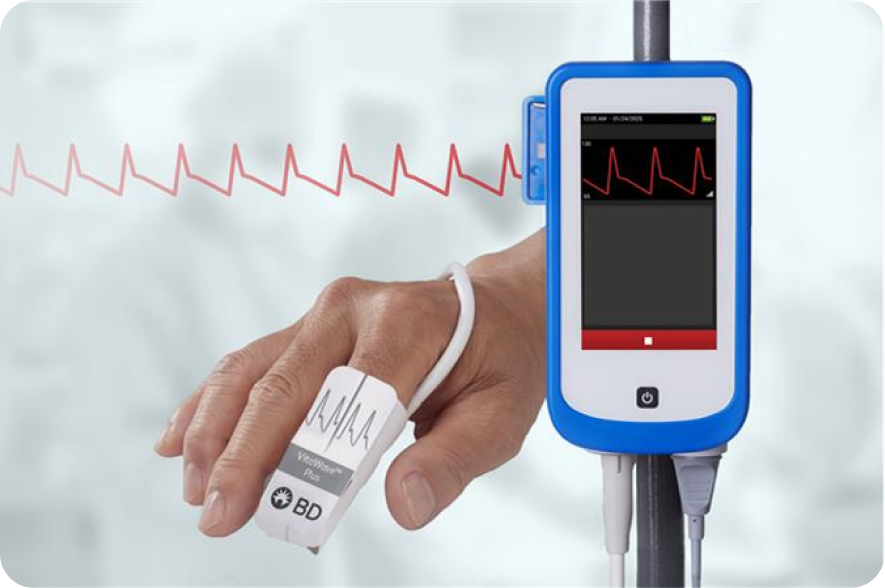 A hand with a 'BD VitaWave Plus' cuff on the index finger, connected to a HemoSphere Stream™