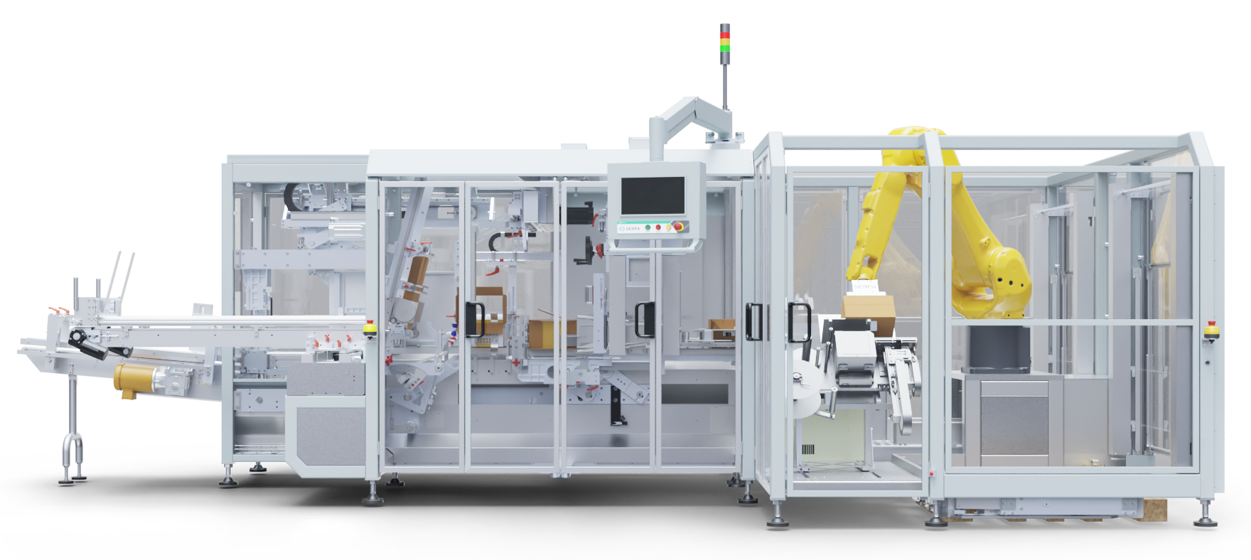 Front view of combination case packer/palletizer machine