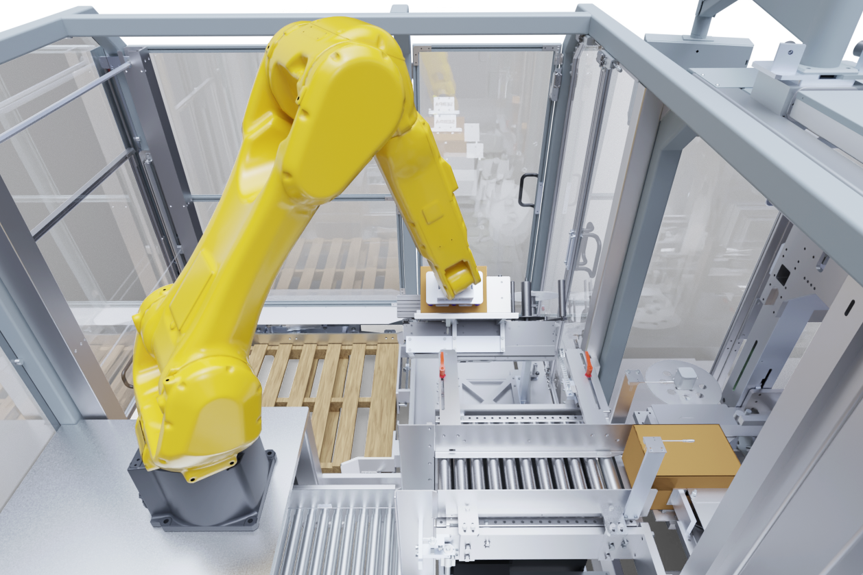 Closeup of FANUC robot in integrated case packer/palletizer