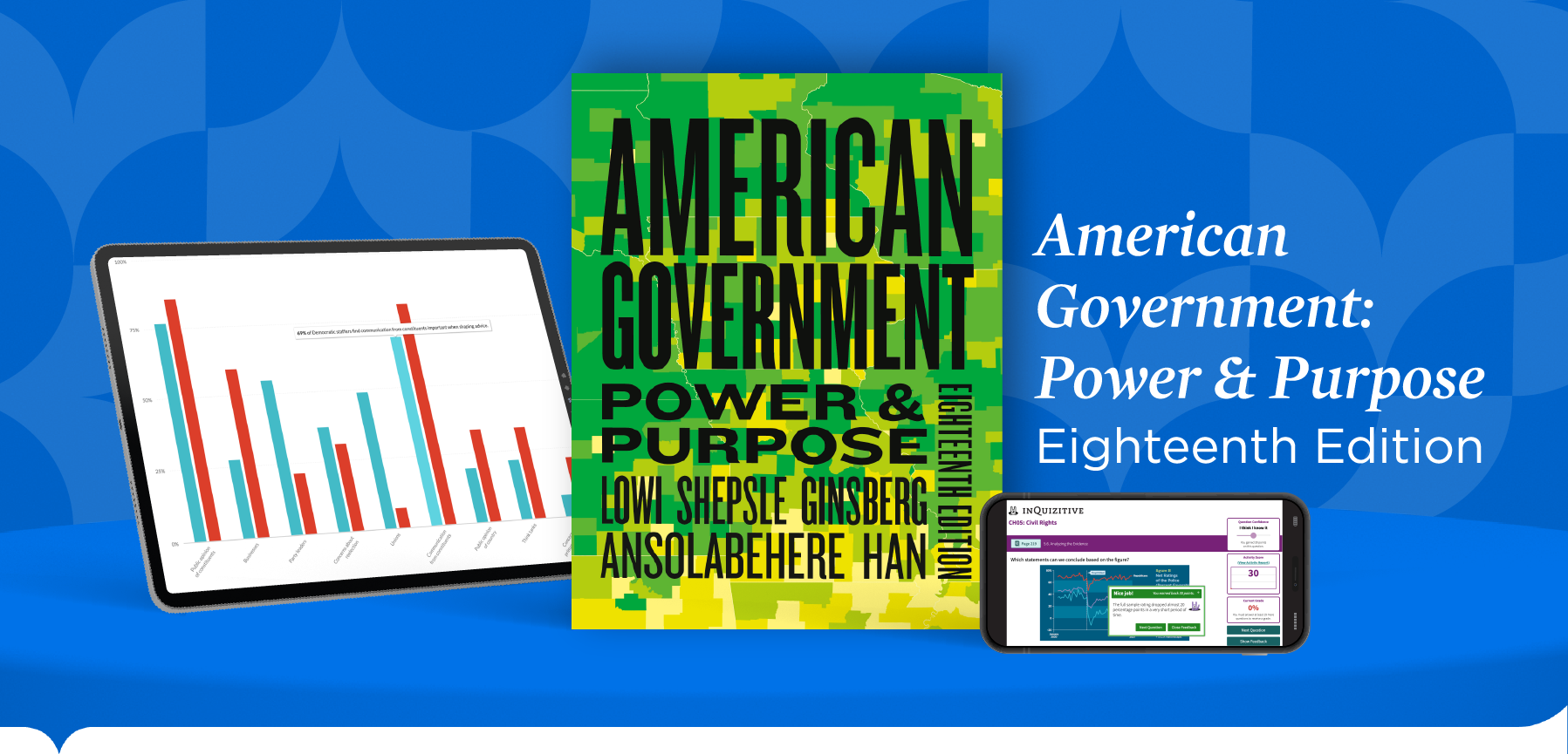 iPad with bar graph, American Government Book Cover, and iPhone with InQuizitive question, on 3d curved shelf with tagline "American Government: Power & Purpose Eighteenth Edition"