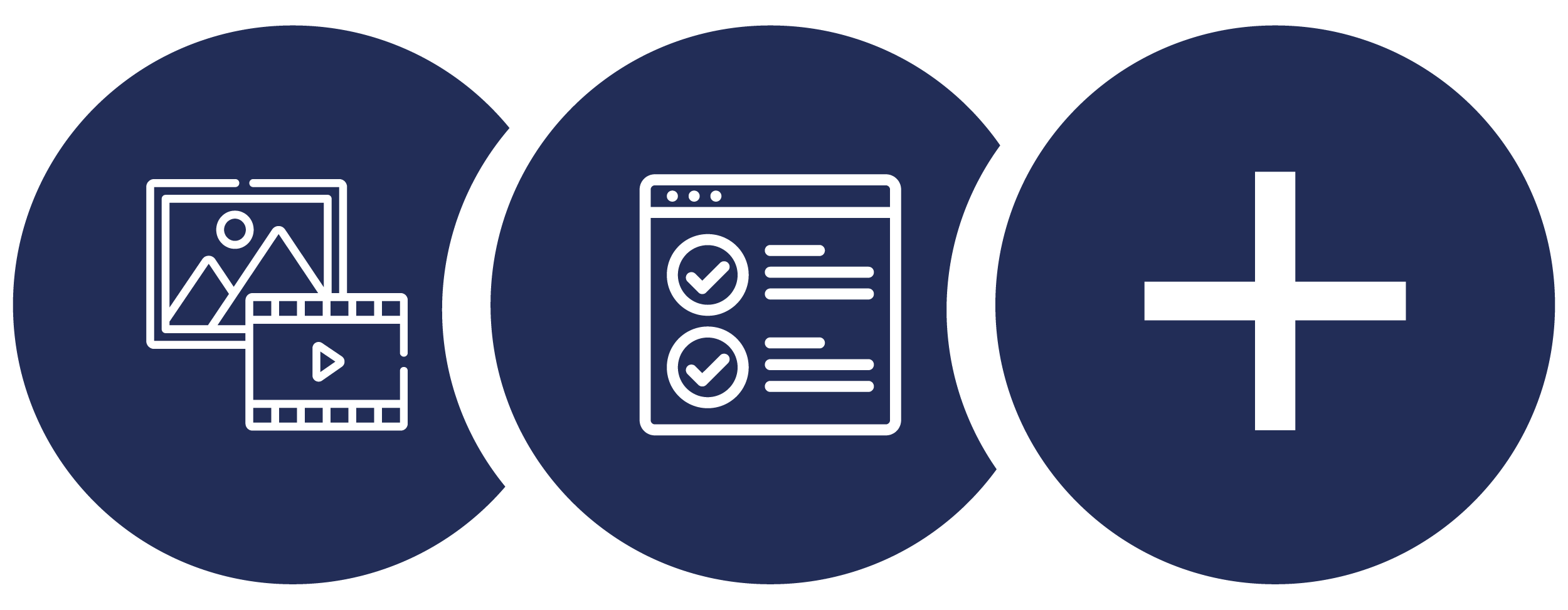 Overlapping digital media and outline icons next to a plus sign