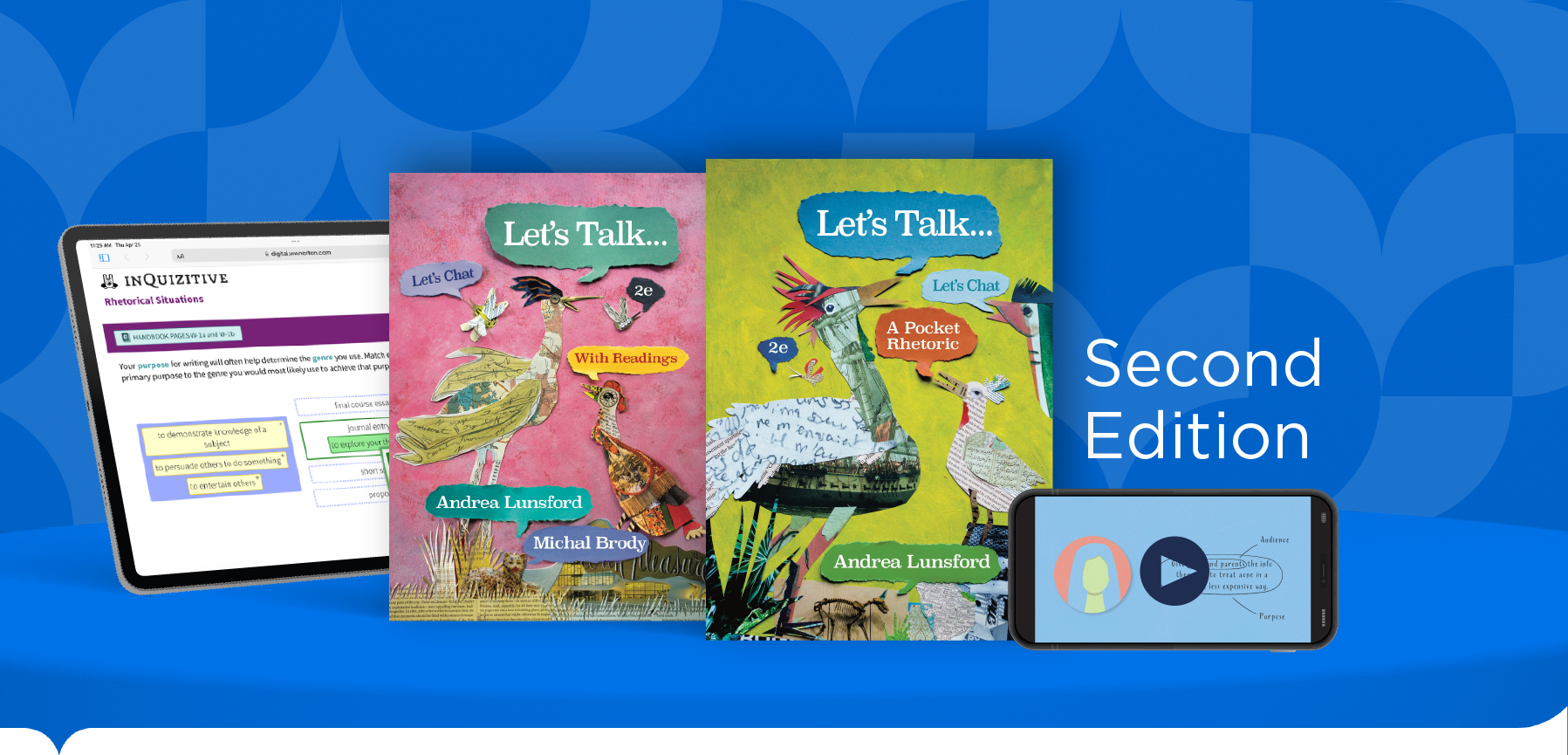 iPad with InQuizitive, Let's Talk with Readings and Let's Talk book cover, and iPhone with creating a remix graphic, on 3d curved shelf with tagline "Second Edition"