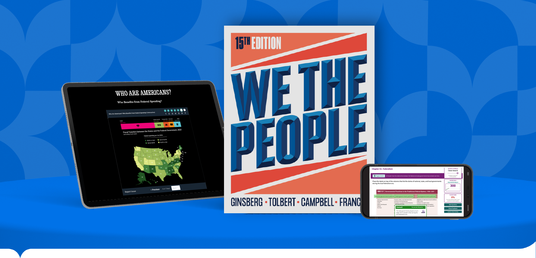 iPad with interactive, We the People Book Cover, and iPhone with InQuizitive question, on 3d curved shelf with tagline "We the People Fifteenth Edition"
