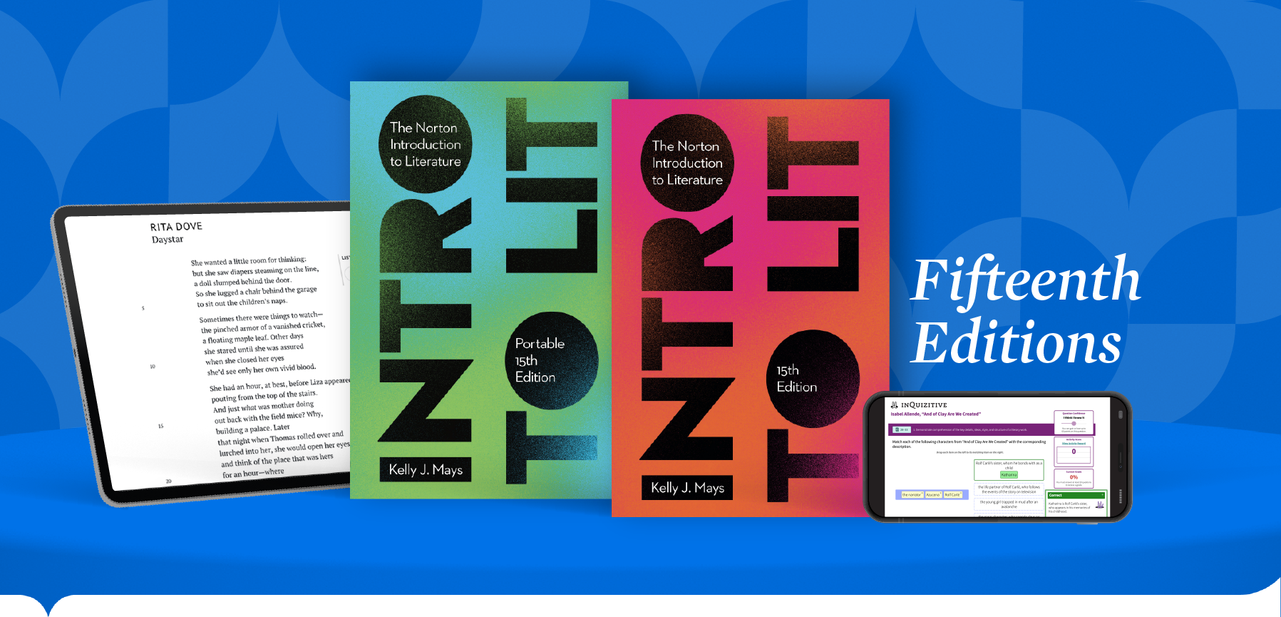 iPad with planet orbit, Organic Chemistry Book Cover, and iPhone with InQuizitive question, on 3d curved shelf with tagline "Organic Chemistry now available"