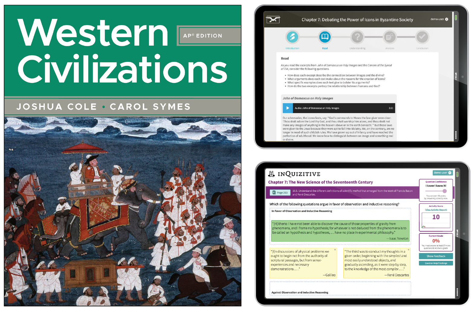 Western Civilizations book cover next to two iPad screens--one containing a History Skills Tutorial and the other featuring an InQuizitive question